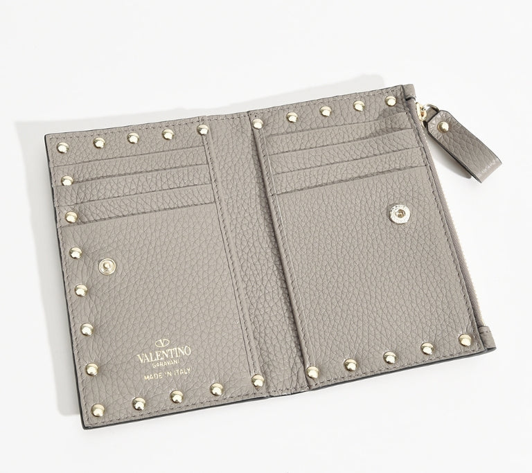 VALENTINO ROCKSTUD GRAINY CALFSKIN CARDHOLDER WITH ZIPPER