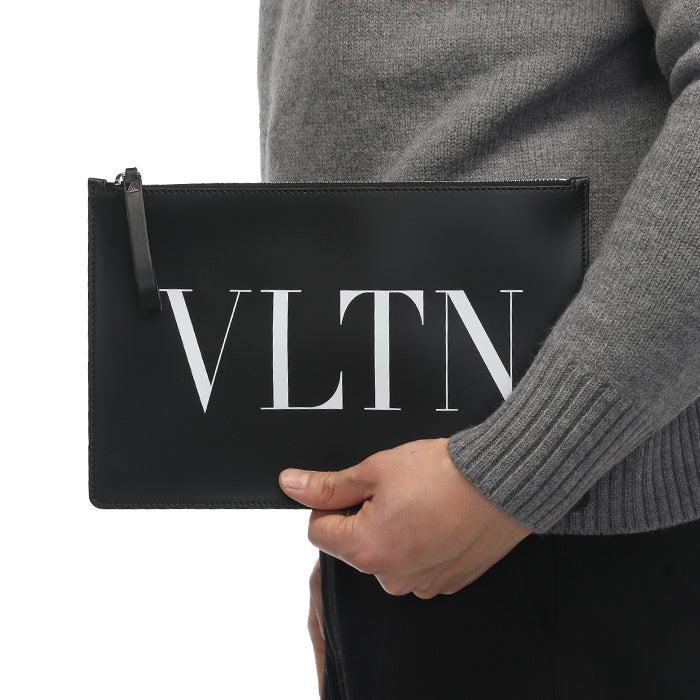 VALENTINO Logo Detail Zip-Top Leather Clutch