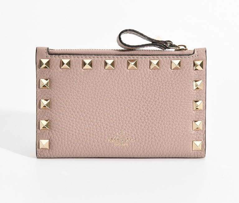 VALENTINO ROCKSTUD GRAINY CALFSKIN CARDHOLDER WITH ZIPPER