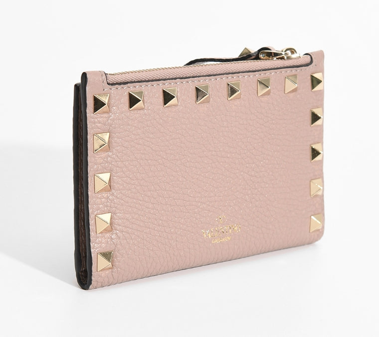 VALENTINO ROCKSTUD GRAINY CALFSKIN CARDHOLDER WITH ZIPPER