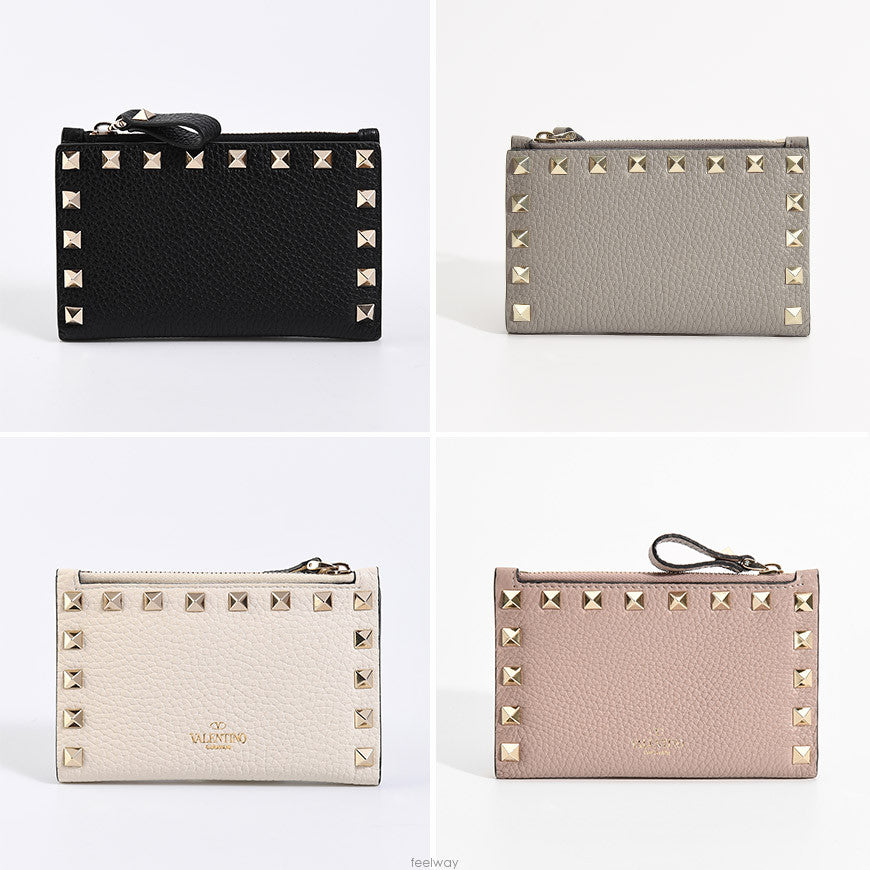 VALENTINO ROCKSTUD GRAINY CALFSKIN CARDHOLDER WITH ZIPPER BLACK