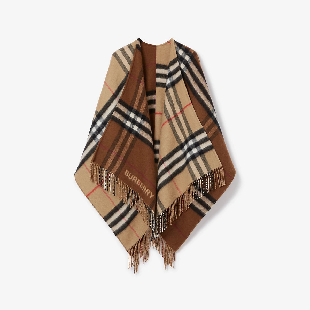 Burberry Contrast Check Wool Cashmere Cape Archive Beige/Dark Birch Brown