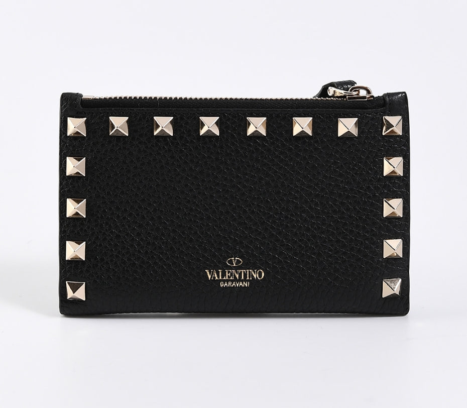 VALENTINO ROCKSTUD GRAINY CALFSKIN CARDHOLDER WITH ZIPPER BLACK