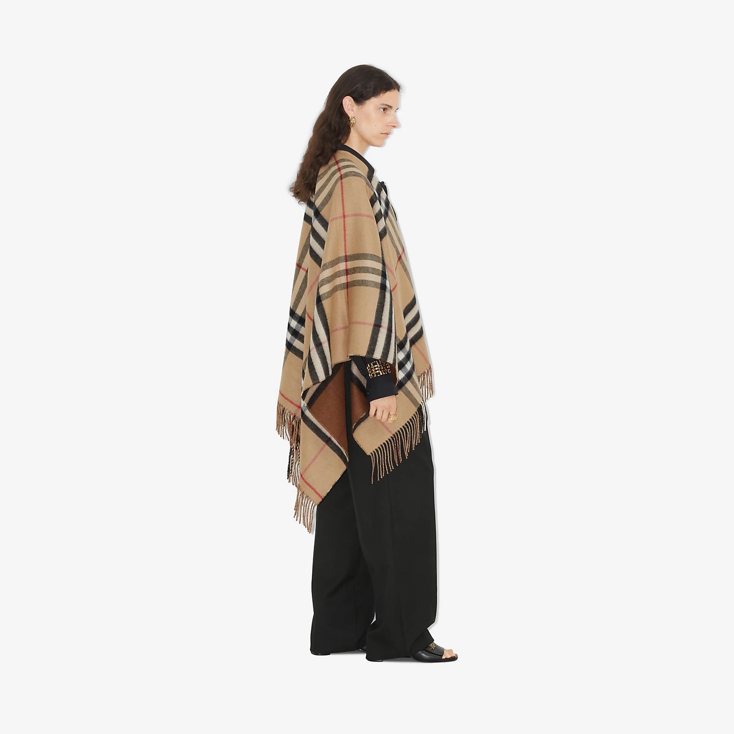 Burberry Contrast Check Wool Cashmere Cape Archive Beige/Dark Birch Brown