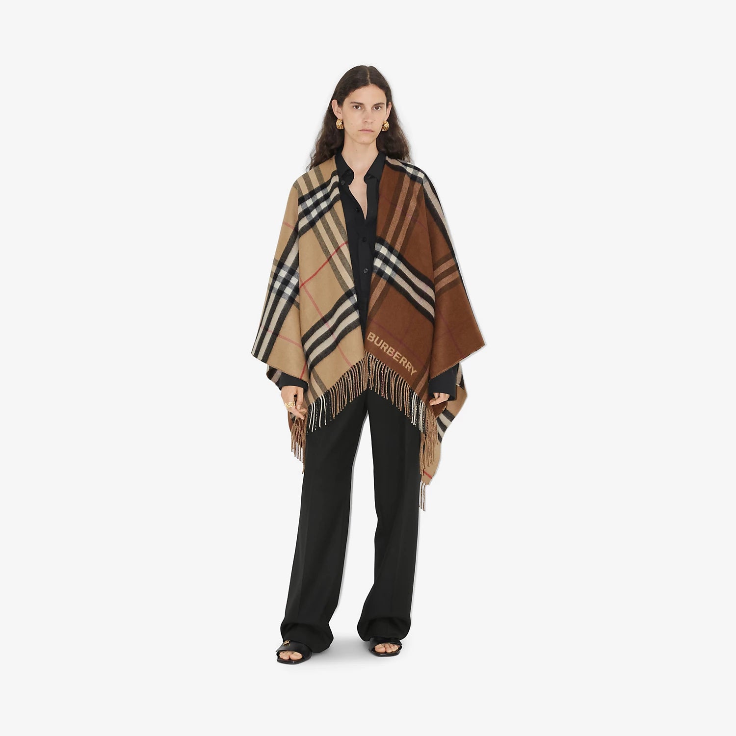 Burberry Contrast Check Wool Cashmere Cape Archive Beige/Dark Birch Brown