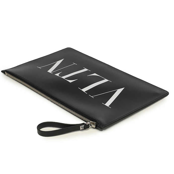 VALENTINO Logo Detail Zip-Top Leather Clutch